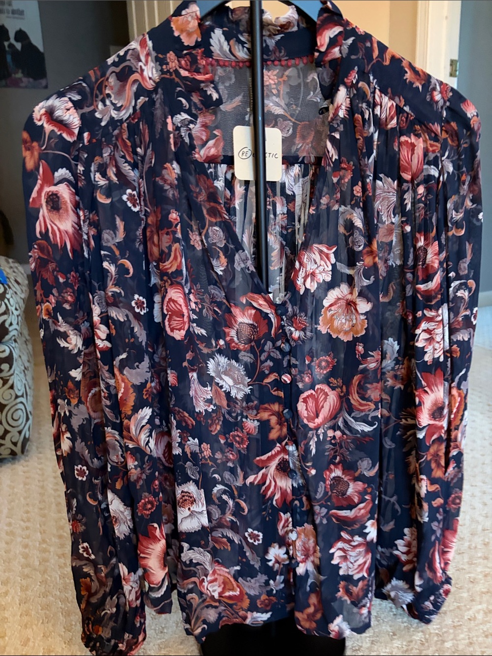 Anthropologie Navy Floral V-Neck Long-Sleeve Blouse